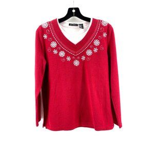 Speculation Women's Red Embroidered Flowers Rhinestones Holiday Sweater Size M